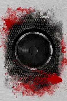 Hardcore Rock Bass Speaker. Cool Grunge Black Bass Speaker with Damaged Metal Sheets and Red Paint. Cool Background for Your Music Event Posters, Flyers and more!