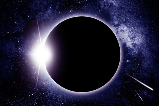 Solar Eclipse and Falling Stars Illustration.  Moon Passes Between the Sun and the Earth. Horizontal Solar Eclipse Illustration.