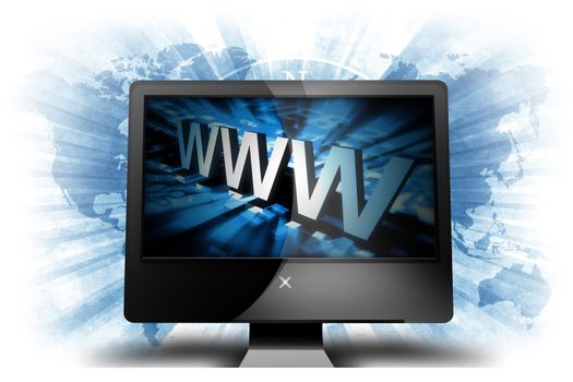 Modern Computer with Wide Screen Display. 3D WWW on Screen. Grungy Blue World Map in Background. Technology Illustration.