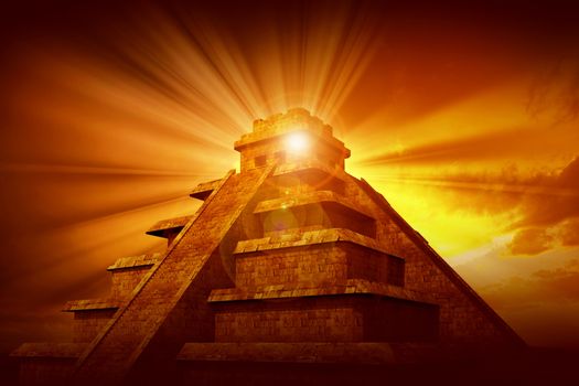 Mayan Mystery Pyramid - Mayan Civilization Pyramid Theme with Mysterious Sin Rays Coming from the Top of the Pyramid. Great Apocalypse Theme.