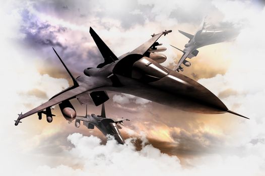 Tree Air Force Fighter Jets in Action 3D Render Illustration. Fighter Jets Between Clouds. Military Illustration Collection.