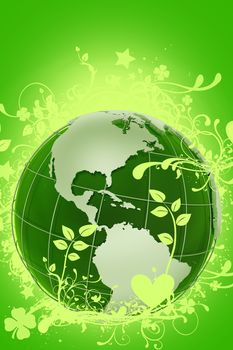 Green Floral Globe - Ecology Theme. Cool Green 3D Rendered Globe (West Side - North and South America) with Floral Ornaments Around. Green Glowing Background. Vertical Design.
