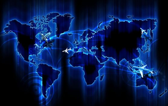 Air Ways World Wide. Cool Glowing Blue World Map with Air Ways - Global Airlines Destinations. Small 3D Planes Flying Above the Map. Popular Cities as Points: New York, Chicago, MIami, Los Angeles, San Francisco, London, Frankfurt, Rome, Sydney, Moscow, Tokio.