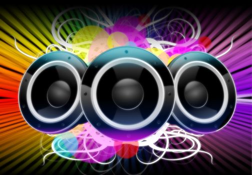 Illustration: Colors of Music. Cool Music Theme with Three Speakers, Floral Elements and Colorful Background.
