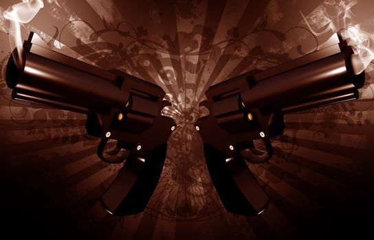 Grunge Revolvers - Gangsta Theme. Grunge Dark Brown Background with Dirty Rays and Two Smoking Gangsta Revolvers. Cool Outlaw Theme. Horizontal 3D Render Illustration.
