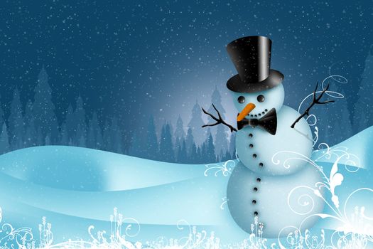 Holiday Snowman. Beautiful Holiday Illustration with Winter Landscape and Snowman in the Hat. Ready to Use Christmas Postcard.
