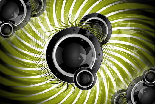 Spiral Music. Cool Music Theme with Bass Speakers. Green Spiral Background.