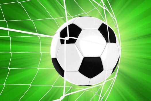 Soccer Ball in a Net / Soccer Goal. Euro Football Theme. Green Background with Sun Rays. 3D Render illustration. Sport Illustrations Collection.
