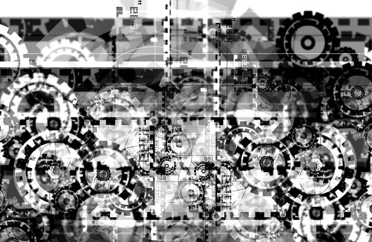 Black and White Hi-Tech Background. Sprockets and Gears Abstract Technology Background.