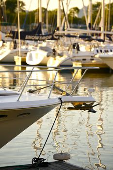 Chicago Mediterranean Pier. Small BOats and Yachts at the Pier. Vertical Photo. Summer in the Chicago.