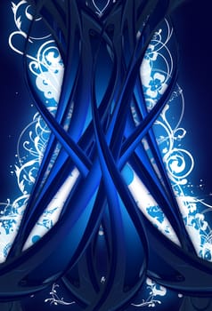 Blue Digital Tree Concept Abstract Illustration. White Floral Ornament in the Background. Cool Vertical Design.