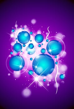 Violet Background with Blue Glossy Air Bubbles. Some Glowing Particles in the Background.