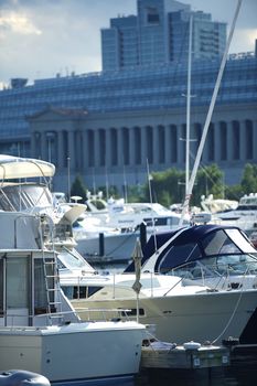 Chicago Harbor with Soldier Field in the Background. Vertical Photography.