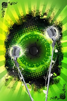 Cool Grunge Karaoke Design. Vertical Karaoke Theme with Grunge Metal Sheets, Splashes and Two Steel Retro Microphones. Just Place Your Karaoke Event Copy and You Are Ready to Go! 