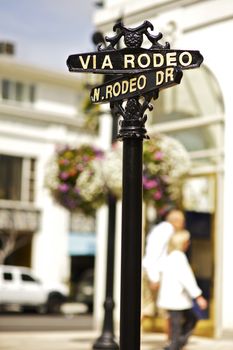 Rodeo Roads Street Sign. Via Rodeo and North Rodeo Dr. Sign. Beverly Hills, California