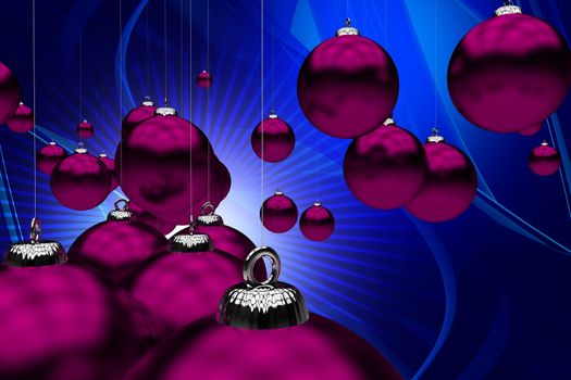Holiday Theme. Purple Christmas Ornaments on Cool Abstract Blue Background. Great Holiday Background for Your Business Christmas Postcards! 3D Rendered Illustration