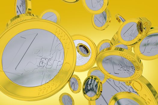 Falling One Euro Coins - Orange-Yellow Background. European Union Currency. 3D Render illustration.