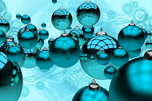 Blue Christmas 3D Rendered Christmas Blue Glassy Ornaments on Abstract Blue Background Illustration. Holidays Theme.