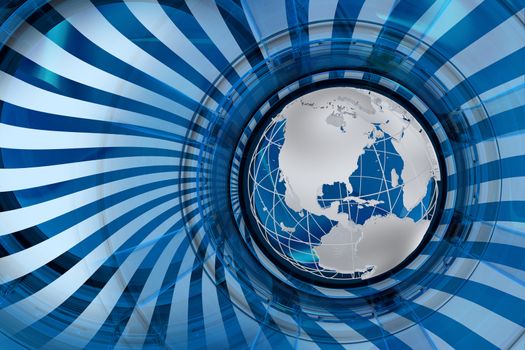 Global Markets Blue Abstract Illustration with Globe Model and Twisted Rays. Cool Corporate Theme.