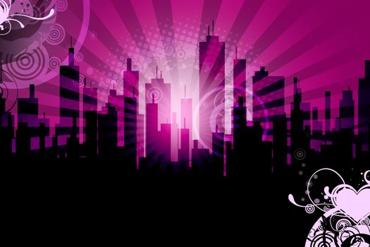 City Skyline Background. Urban Sun Rays Design - Pinky Urban Background