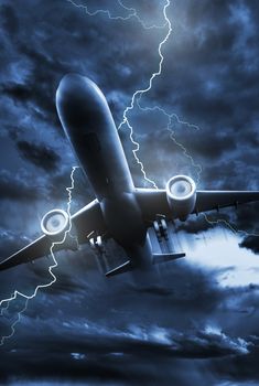 Airplane Lightning Strike Illustration. Stormy NIght Sky with Lightning Bolt Striking in the Jet Plane. Vertical Photo.