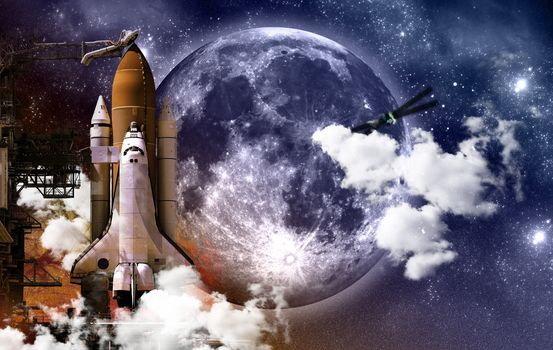 Mission Space - Space, Science Theme with Space Shuttle and Huge Moon.