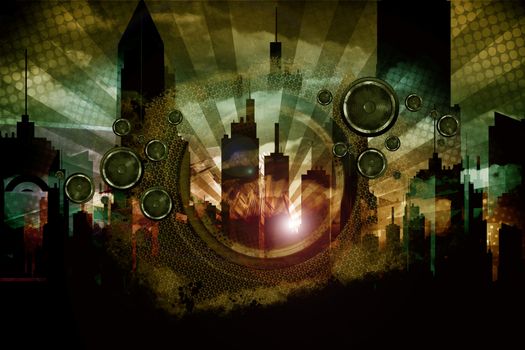 Urban Audio Madness. Cool Grungy Dark Cityscape Music Background with Skyscrapers and Speakers. Great Background for Your Music Event. Center Logo Space.