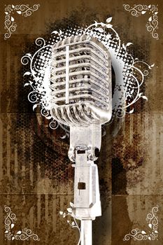 Retro Karaoke Music Event Theme. Cool Sepia Grunge Background with White Floral Ornaments and Cool Retro Microphone. Karaoke Background Design. Copy Ready