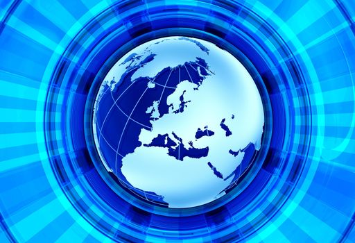 Euro News Background. European Continent - Globe Model and Blue Shiny Rays Background. Great for Radio/TV Broadcast Related Artwork.