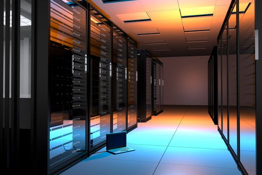 Servers Room with Small Laptop Computer on the Floor - Blue and Orange Lighted. Horizontal 3D Render Illustration.