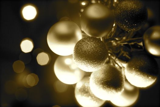 Holiday Ornaments Sephia Colors. Dark with Spot Lights. Golden Christmas Ornaments