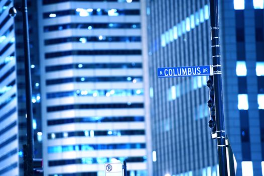 N Columbus Drive Chicago Street Sign. Downtown Chicago by NIght. Traffic Signs. Chicago USA.