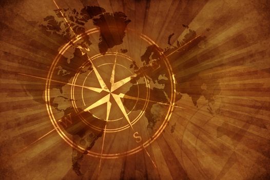 Grunge Old Map with Compass Rose. Damaged Retro Style Design World Map Background with Browny Rays Background.