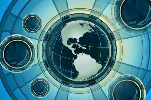 World News 3D Glassy Render Illustration with Globe and Abstract Glassy Background. Cool Blue-Yellow Colors. Great for News Applications. Horizontal Design.