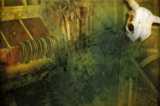 Grunge Blacksmith Background with Horseshoes, Blacksmith Tools and Some Cattle Bone with Horns. Cool Vintage Background