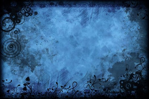 Vintage Floral Blue Background Design. Black-Blue Old Grunge-Vintage Background.