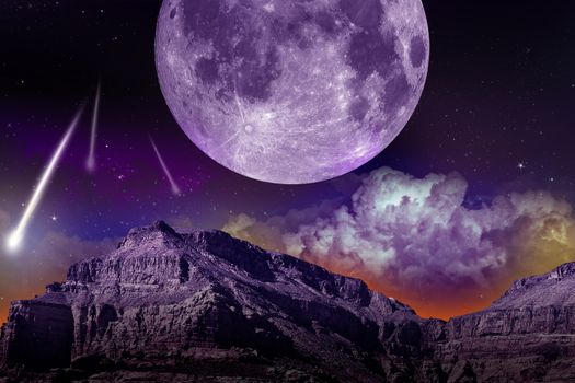 Fantasy NIght. Abstract Earth-Space Composition with Large Moon and Comets / Asteroids. Dark Violet Theme. Abstract Illustration.