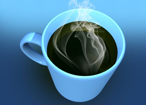 Hot Coffee in Blue Mug. Blue Background. 3D Render Illustration. Realistic Smoke. Top View.
