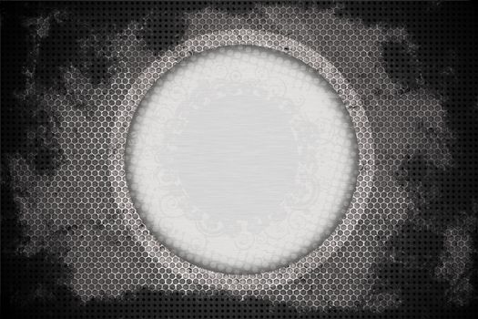 Grungy Logo Spot - Horizontal Design. Grungy Damaged Metal Sheets Background with Circle Logo Space - Logo Spot. Floral Ornaments