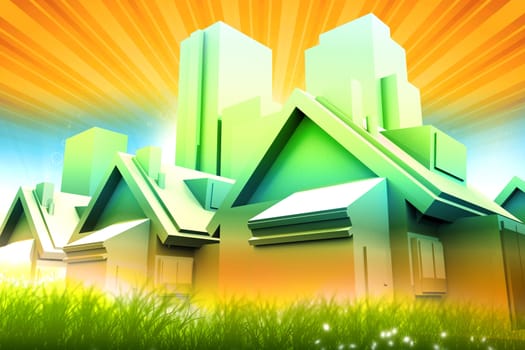Colorful City. Colors of Life. Colorful Urban Illustration. Very Optimistic Theme with 3D Houses and Skyscrapers, Green Grass and Orange Shiny Sky.