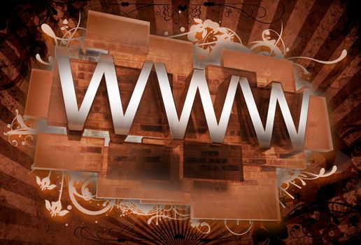 Internet Illustration - Artistic Graphic Composition with Letters WWW, Glassy Blocks, Rays and Floral Ornaments. Old Browny Vintage Style. 3D Render Illustration.