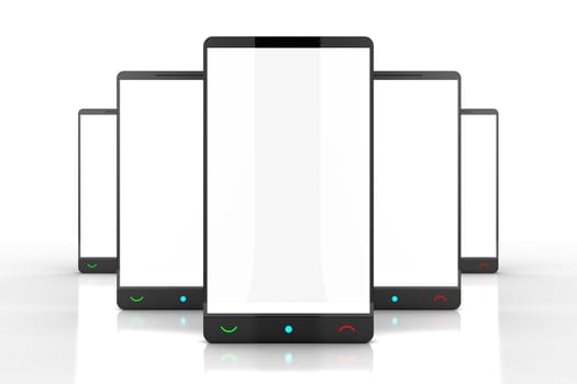 Five Smart Phones with Empty White Screens. Great 3D Render Illustration for Telecommunication Related Artworks. 