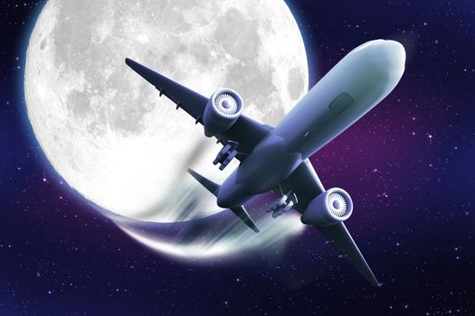 The Flight. Large Airliner and Huge Moon in Background. Cool Abstract Flying Theme. Colorful Sky with Stars.