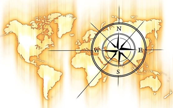 World and Compass Rose. Yellow-Orange Motion Blurred World Map and Black Compass Rose.