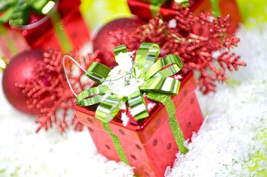 Seasons Greetings. Christmas Presents and Christmas Ornaments. Cool Red-Green Holiday Composition Photo.