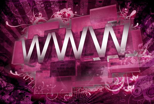 3D WWW with Many Floral and Grungy Ornaments. Pinky-VIolet INternet Theme. Cool Grungy Background.