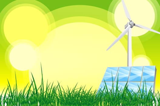 Green Power Theme. Green Energy Illustration. Wind Turbine and Solar Panels. Great Copy Space. This is not a Vector File
