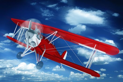 Red Biplane on the Sky. Aeroplane Illustration. 3D Rendered Biplane. Air Transportation Illustration Collection