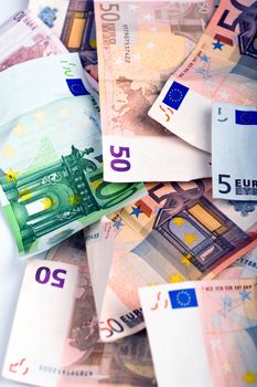 Euro Money Photo Background. Euro Banknotes Vertical Photo - Top View.