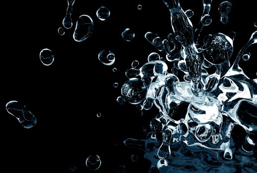 Water Splash in the Dark. Crystal Clear Water Splashing in the Dark. Horizontal 3D Illustration.